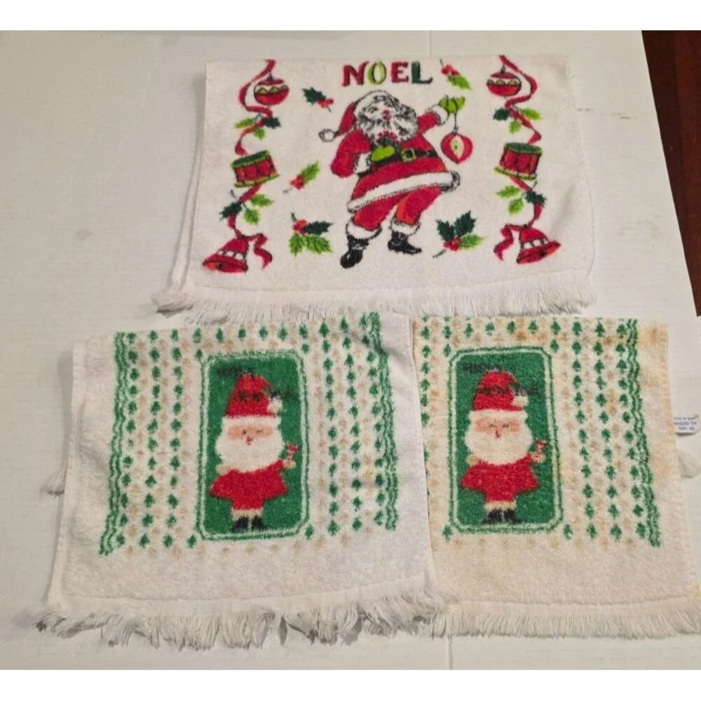 Vintage Santa Claus Christmas Hand Tea Dish Towels Set of 3 White *FLAWS